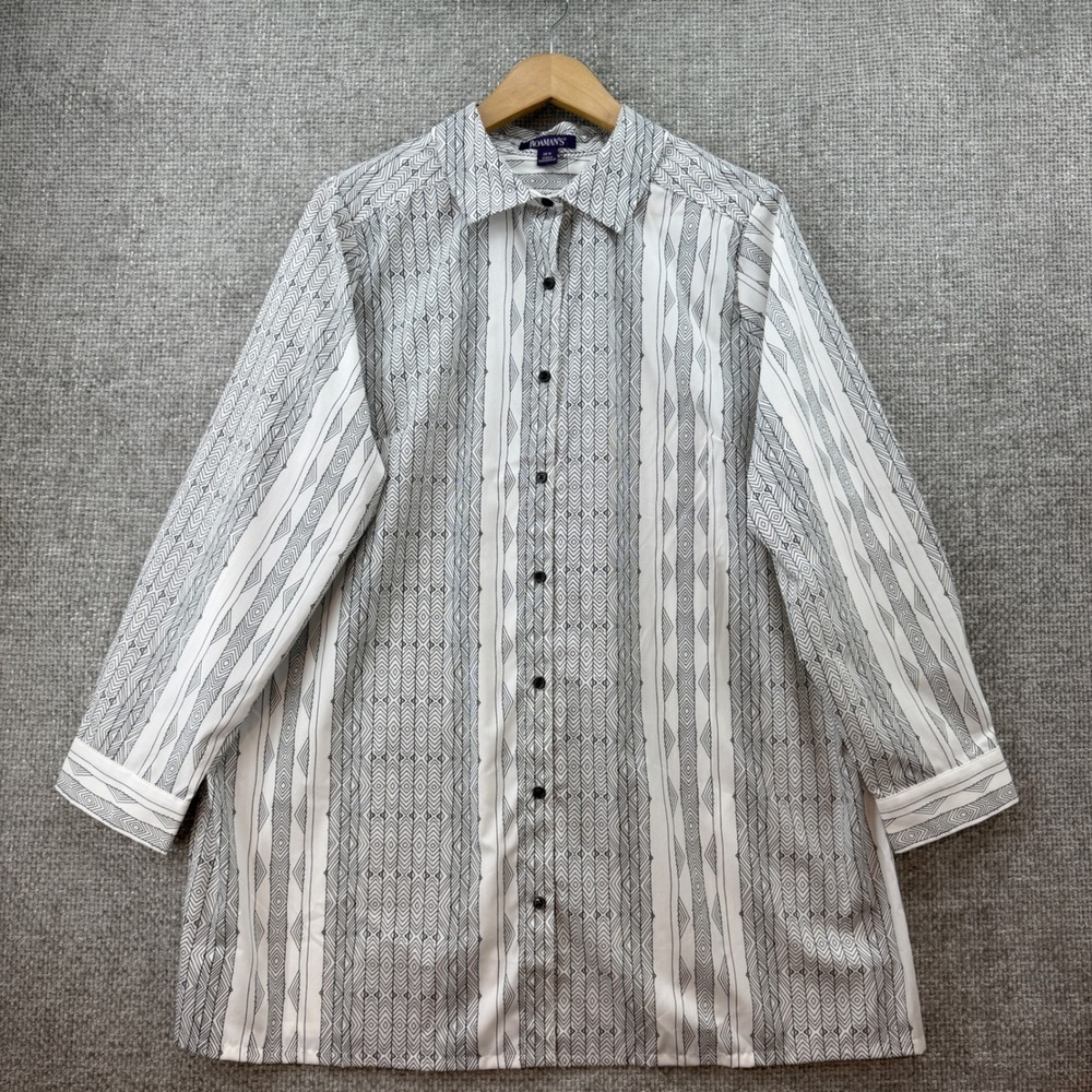 Roaman's Button Down Tunic Women 20W White Black Like New Geometric Print - Picture 2 of 9
